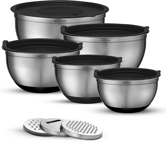 Belwares Mixing Bowls with Airtight Lids - 8PCS Stainless Steel Nesting Mixing Bowls Set Non-Slip with 3 Grater Attachments, Kitchen Bowls, Sizes 5, 4, 3.5, 2, 1.5QT for Baking & Food Prep (Black)