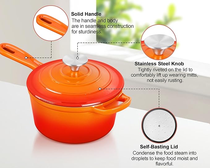 TeamFar 2QT Enameled Cast Iron Sauce Pan, Small Sauce Pot Saucepan with Lid, Mini Dutch Oven for Cooking/Baking/Simmering/Boiling, Sturdy & Nonstick, Oven Safe & Fit for Induction- Orange
