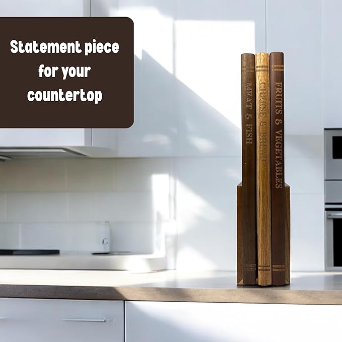 The Cutting Board Library | 100% Acacia Wood | Set of 3 Decorative Kitchen Boards with Wooden Stand | Cheese, Bread & Charcuterie Display | Statement Countertop Accent