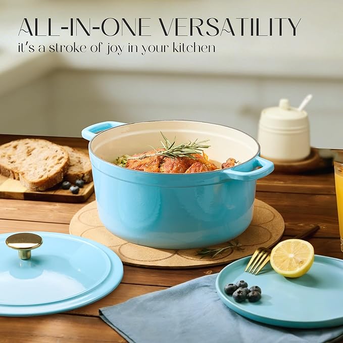 CAROTE 5QT Enameled Cast Iron Dutch Oven Pot with Lid, Heavy-Duty Dutch Ovens for Sourdough Bread Baking, Braising, Roasting, Dual Handles, Healthy & Non-Toxic, All Stovetop Compatible, Oven Safe up to 500° F, Macaron Blue