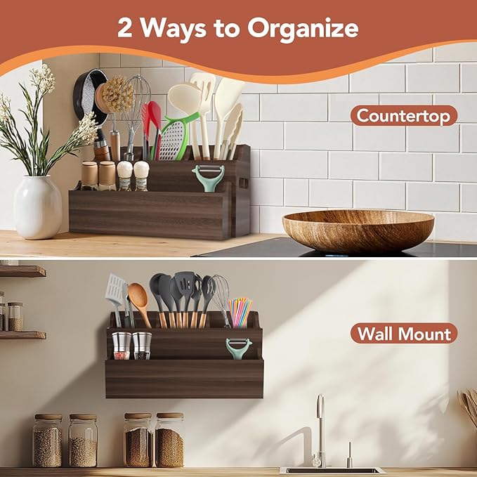 2-in-1 Large Wooden Utensil Holder for Kitchen Counter - Modular Stackable Cooking Utensil Organizer with Diatomite Absorbent Mat & Spoon Rest - Wall Mount Spatula Caddy & Silverware Storage