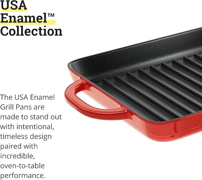 Lodge 12.5 x 8 Inch Enamel Cast Iron Grill Pan - Dual Assist Handles - Use in the Oven, on the Stove, on the Grill, or Over a Campfire - Red