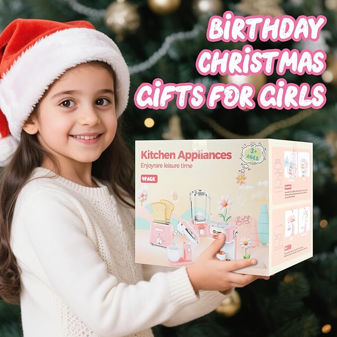 Kids Play Kitchen Accessories Toys Set,Prented Play Kitchen Appliances Playset,Blender,Coffee Maker,Mixer,Toaster with Light & Sound,Kitchen Sets for Kids Age 4-8,Pink Kitchen Toys for Toddler Girls