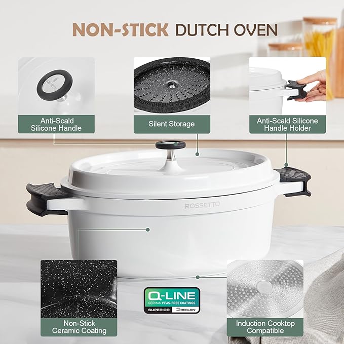 ROSSETTO 5.5QT Oval Dutch Oven Pot with Lid, Ceramic Dutch Oven with Silicone Assist Handle Holder, Dishwasher Safe, Oven Safe up to 450° F, Non-Stick & Non-Toxic Bread Dutch Oven with Lid for Baking,Brasing, Soups, Red