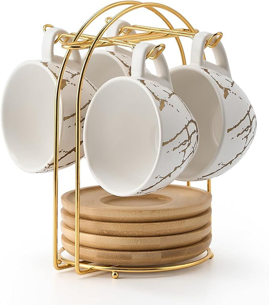 LUKA Ceramic Demitasse Espresso Cups Set with Saucers and Metal Stand, 8 oz Porcelain Stackable Cappuccino Cups Teacup For Tea, Espresso, Latte, Coffee, Cafe Mocha, Set of 4, White | Demitasse, Set, with Saucers, and Metal Stand, Stackable, Cappuccino ...