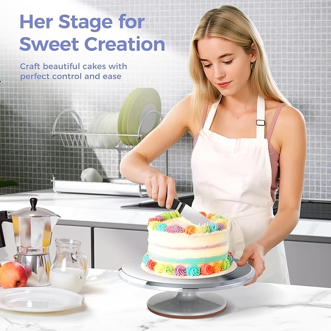 Cake Turntable, Ohuhu Aluminium 12'' Cake Decorating Kit Supplies Rotating Stand Revolving Spinner with 2 Icing Spatula 3 Comb Smoother Perfect Gifts