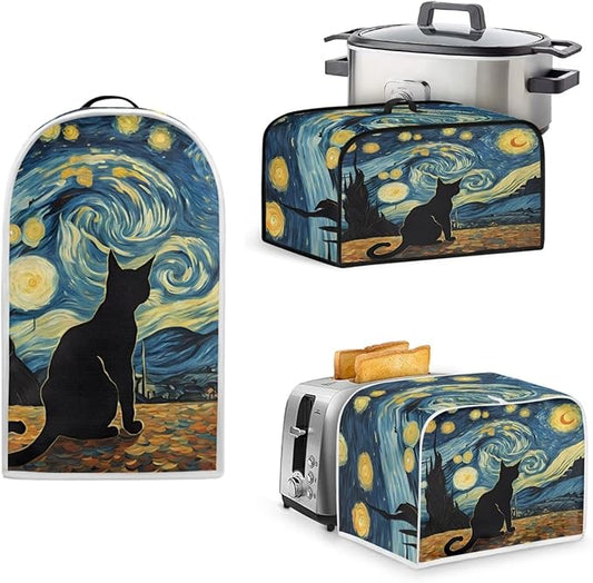 Starry Night Cat Decoration Slow Cooker Cover Toaster Cover Blender Covers Set,Fit 6-8 qt Slow Cooker Bread Machine Dust Cover Fits for Most Standard 4 Slice Toasters,Machine Washable(Blue)