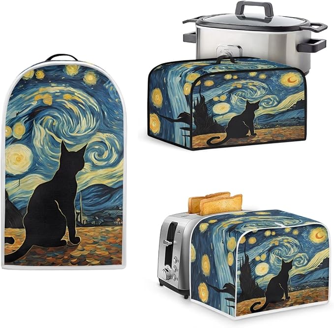 Starry Night Cat Decoration Slow Cooker Cover Toaster Cover Blender Covers Set,Fit 6-8 qt Slow Cooker Bread Machine Dust Cover Fits for Most Standard 2 Slice Toasters,Machine Washable(Blue)