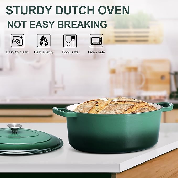 E-far 7QT Oval Dutch Oven Pot with Lid, Enameled Cast Iron Dutch Oven with Dual Handles, Heavy-Duty Cookware for Sourdough Bread Baking, Braising, Stews, Oven Safe & Easy Clean, Dark Green
