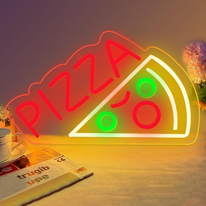 Pizza Neon Sign for Wall Decor Pizza Shaped Neon Sign for Pizzeria Food Powered Dimmable Letter Led Light Up Signs for Business Shop Restaurant Kitchen Store Party Food Decor