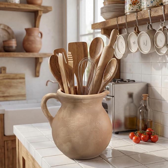 Rustic Kitchen Utensil Holder with Handle,7 Inch Ceramic Vintage Utensil Crock for Countertop, Farmhouse Kitchen Decoration Ceramic Pot for Spatulas Spoons Tongs (Classic,Antique Beige)