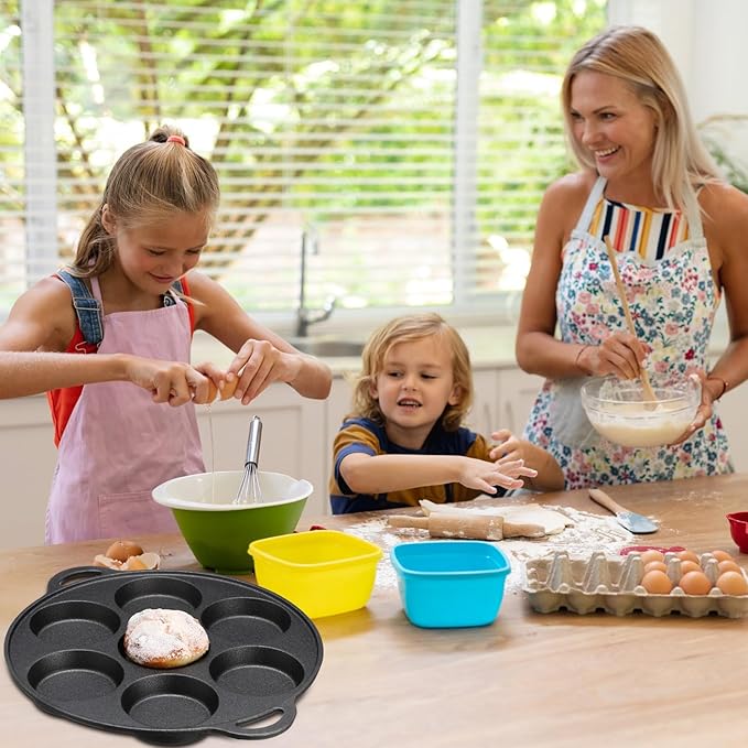 Tioncy 2 Pcs Cast Iron Biscuit Pan Cast Iron Muffin Seasoned Mini Cake Scone Donut Pie Pan for Baking, Egg, Corn Bread, Cupcakes & Dessert(Round Style)