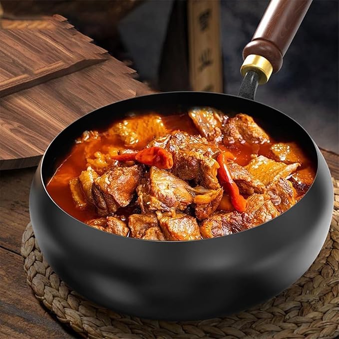 Uncoated Thick Iron Pot, Japanese Iron Pots for Cooking, Uncoating Cast Iron Pot, Hand Forged Iron Pan with Lid Stir Fry Wok Skillet, High Purity Frying Pans for Home Kitchen (Glass Lid, 11in)