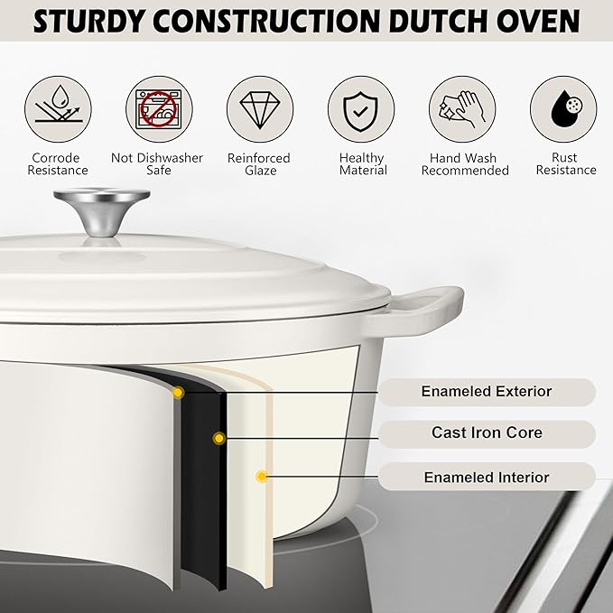 TeamFar 7QT Oval Dutch Oven, Enameled Cast Iron Dutch Oven Pot with Lid, For Bread Baking/Stewing/Braising/Frying, Suitable for Various Stoves, Non-stick & Easy Clean, White