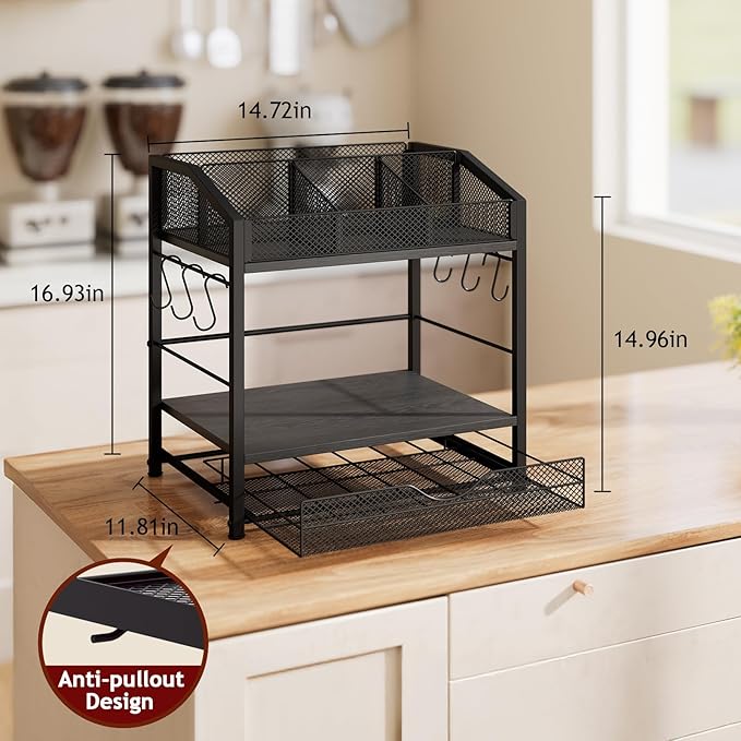 Coffee Bar Organizer - Countertop Coffee Station, 42 K Cup holder Storage Basket with Drawer and Hooks for Syrup, Cups, Stirrer, Condiment, Tea Organizer, Black