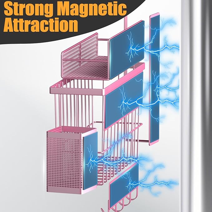 Magnetic Spice Rack for Refrigerator, 7 Pack Metal Magnetic Shelf, Moveable Magnetic Storage Fridge Organizer Pink, Spice Organizer, Hook Rack, Paper Towel Holder, Cutting Board Holder, HM5470