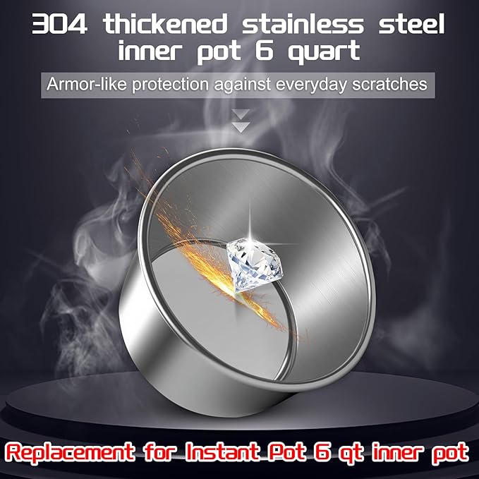 Compatible with Instant Pot 6 Quart Inner Pot Certain Models, 304 Stainless Steel Inner Pot 6 Qt, 0 Coating, Comes 2 Sealing Rings 1 Sealing Caps, 3 Year Warranty. Not Compatible With CrockPot Brand.