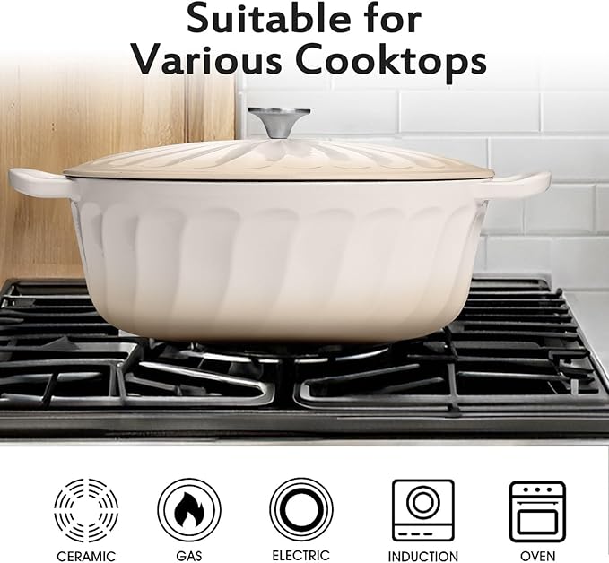 Enameled Oval Dutch Oven Pot with Lid, 7 QT Cast Iron Dutch Oven with Dual Handles for Cooking, Bread Baking, Frying, Non-stick Enamel Coated Oven (Caramel White)