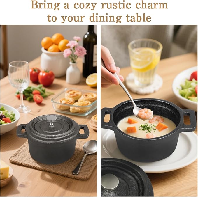 6 Pcs Mini Dutch Oven with Lids and Dual Handles Round Small Iron Cocotte Pot Black Cast Iron Pot for Marinate Bake Refrigerate Cook Grill Garlic Roaster BBQ Stovetop Use (8 oz)