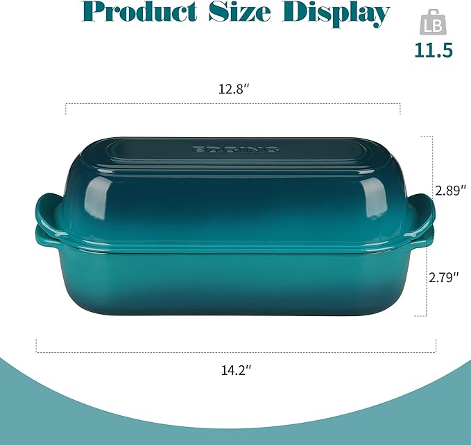 Enameled Cast Iron Loaf Pan with Lid, Bread pan, Dutch Oven Bread pan for Homemade Sourdough Bread Baking, 12.5x5.5 inch, 5qt, Darkcyan