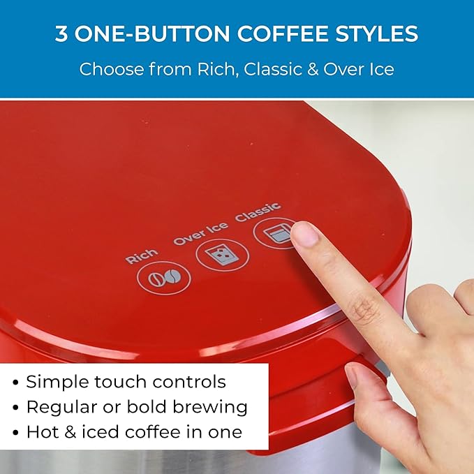 Kenmore Single Serve Coffee Maker – Compatible with Keurig K‑Cup Pods & Ground Coffee, One Cup Brewer, 6–14 Oz Brew Sizes, Travel Mug Friendly, Auto Shut‑Off, Hot & Iced Maquina de cafe, Red