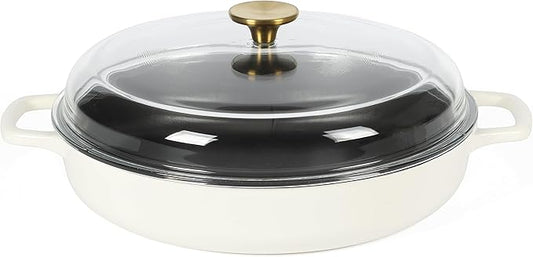 Sur La Table Kitchen Essentials Supper Club 3.75 Quart Enamel Cast Iron All In One Multi-Purpose Non-Toxic Nonstick Braiser Pan W/Borosilicate Glass Lid - Eggshell White