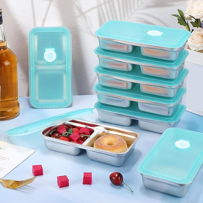 20 Pcs Stainless Steel Snack Containers 30 oz 2-compartment Meal Prep Containers Reusable Metal Divided Bento Box with Silicone Lids Leakproof Lunch Box Dishwasher Safe (Blue)