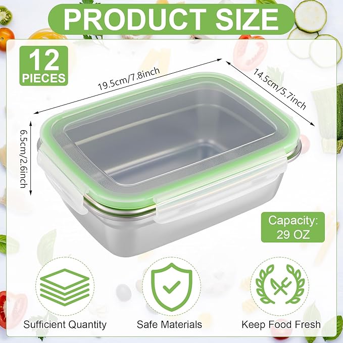 12 Pcs 304 Stainless Steel Food Storage Containers with Airtight Lids Metal Meal Prep Containers Bento Lunch Boxes, Freezer and Dishwasher Safe Keep Food Fresh for Kitchen, Picnic, Camping