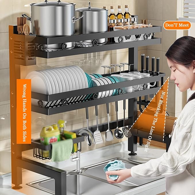 Over Sink Dish Drying Rack,Adjustable Dish Drainer for Kitchen Storage Counter Organization,Stainless Steel Dish Rack Display(1-55cm)