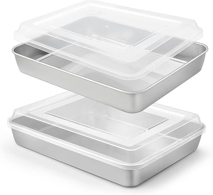 Herogo Baking Pan with Lid, 9 x 12 Inch Stainless Steel Lasagna Pan Deep, Rectangle Cakes Bakeware with Lid for Brownies Casseroles, Dishwasher Safe, Set of 2
