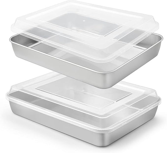 Herogo Baking Pan with Lid, 9 x 12 Inch Stainless Steel Lasagna Pan Deep, Rectangle Cakes Bakeware with Lid for Brownies Casseroles, Dishwasher Safe, Set of 2