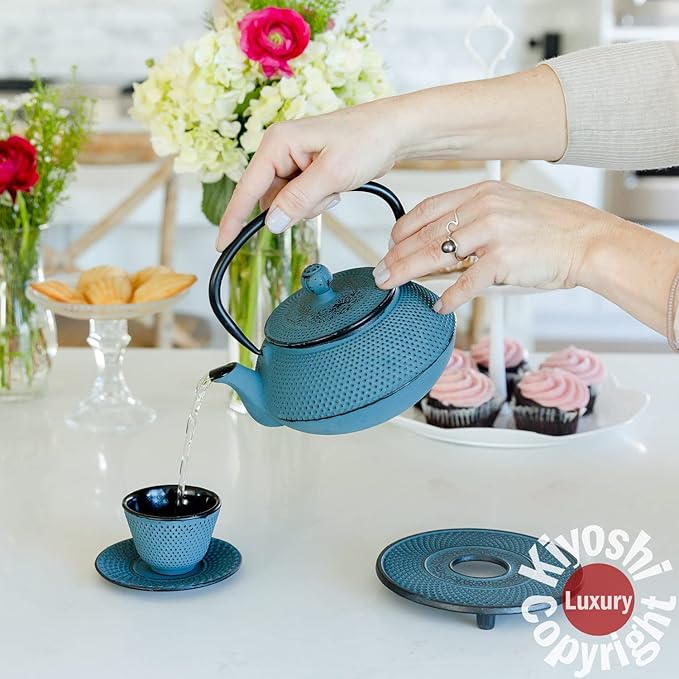Large 11PC Japanese Tea Set "KONJOU Blue" Cast Iron Tea Pot 26Oz with 4 Tea Cups (2Oz each), 4 Saucers, Leaf Tea Infuser and Trivet. Ceremonial Matcha Accessories