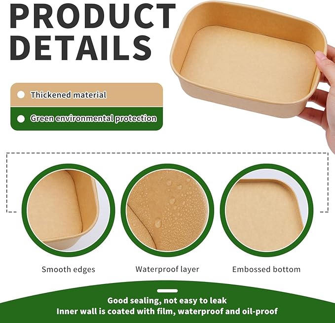 50 Pack 25 oz Paper Bowls, Disposable Food Containers with Lids, Rectangular Disposable Bowls, Disposable Salad Bowls with Lids for Diet Salad, Ice Cream, Yogurt, Party Food