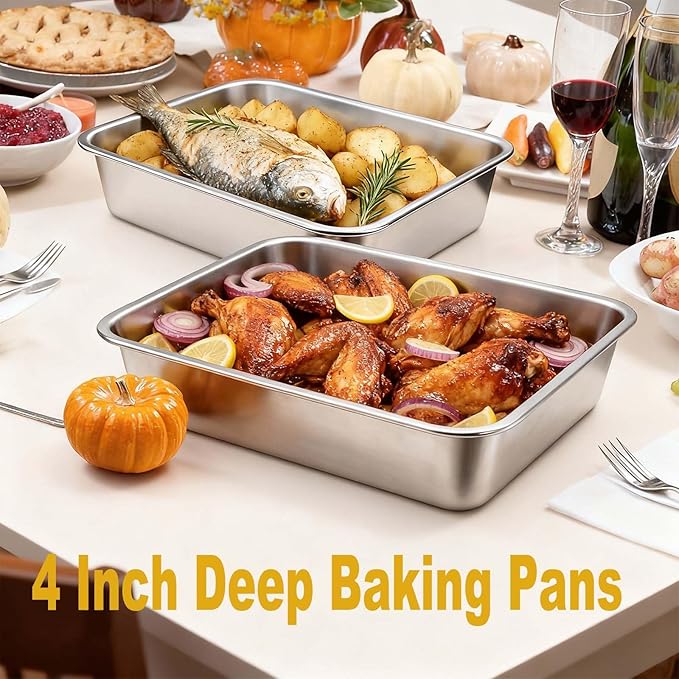 4 Inch Deep Baking Pan with Lid, 2 Pack Stainless Steel Lasagna Pan, 7.4QT+9.2QT Large Roasting Pans with Lid, Rectangle Baking Sheet for Oven