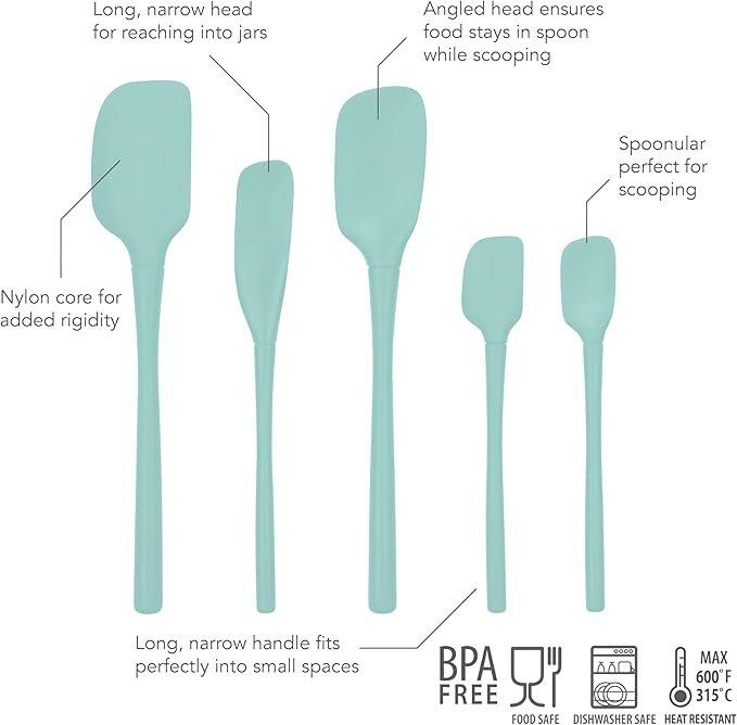 Tovolo Flex Core 5 Piece Silicone Spatula Set Heat Resistant All Silicone Utensils Include Non Stick Spatula Spoonula Jar Scraper, Dishwasher Safe Spatulas for Baking Mixing, Aqua Seafoam Green