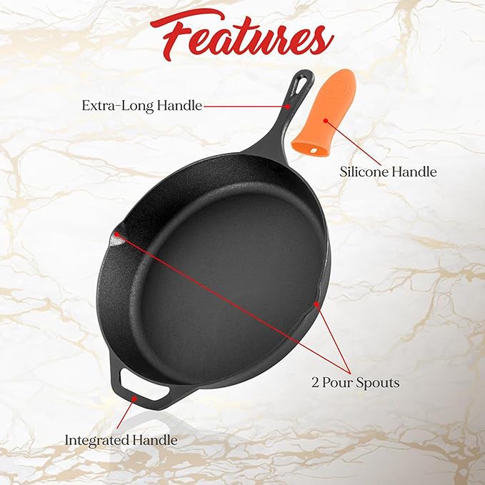 NutriChef 10" & 12" Pre-Seasoned Cast Iron Pans - Durable Nonstick Skillets, Cool-Touch Silicone Handle, For Oven, Grill & All Stovetops