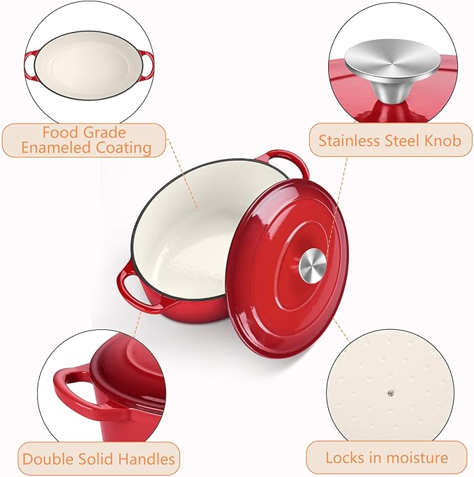 TeamFar Oval Dutch Oven, 5qt Enameled Cast Iron Dutch Oven Pot with Lid, For Bread Baking/Stewing/Braising/Frying, Suitable for Various Stoves, Dual Handles & Easy Cleanup, Red