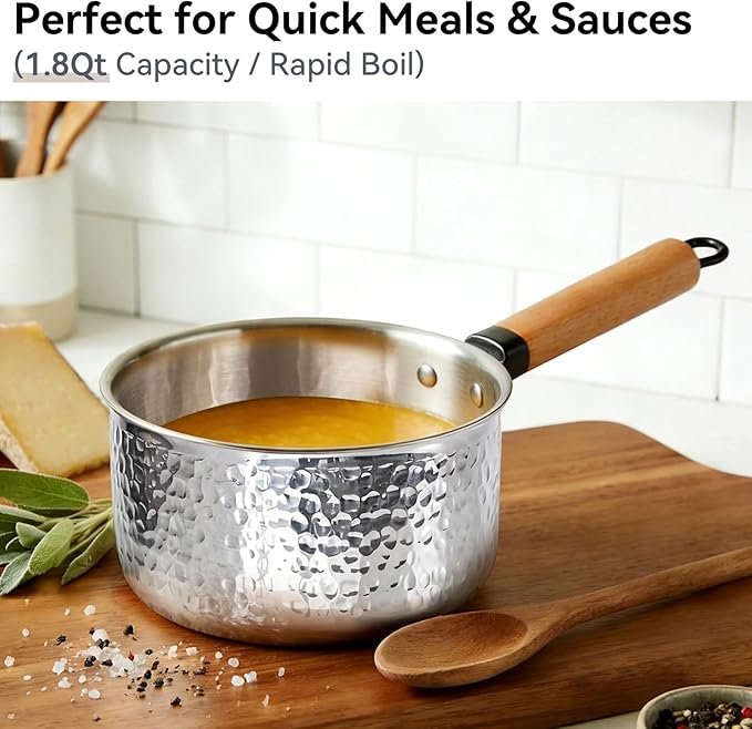 Tri-Ply Stainless Steel Saucepan with Lid, 1.8 Quart - Heavy-Gauge Hammered Exterior, Smooth Interior Milk Pot. Induction Ready Cookware for Ramen, Sauces, Noodles. Stay-Cool Wood Handle
