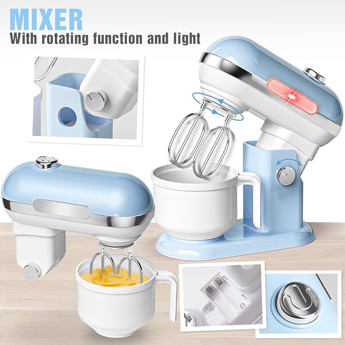Kids Kitchen Toys Set, BPA-Free 7 Piece Pretend Play Appliances with Light Sound, Coffee Maker Blender Stand Mixer Toaster for Toddlers Ages 3 Plus, Educational Role Play Gift (Blue)