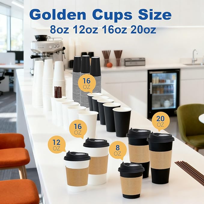 16 oz 100 Pack Coffee Cups with Lids and Sleeves, Straws, Hot Disposable To Go Travel Paper Cups Bulk for Office, Home Coffee Bar Accessories, Chocolate, Cocoa, Beverage (Black)