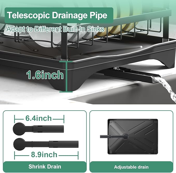 Dish Drying Rack for Kitchen Counter, Large Dish Drying Rack with Utensil Holder & Cutlery Tray, Dish Drainer with Drainboard, Black