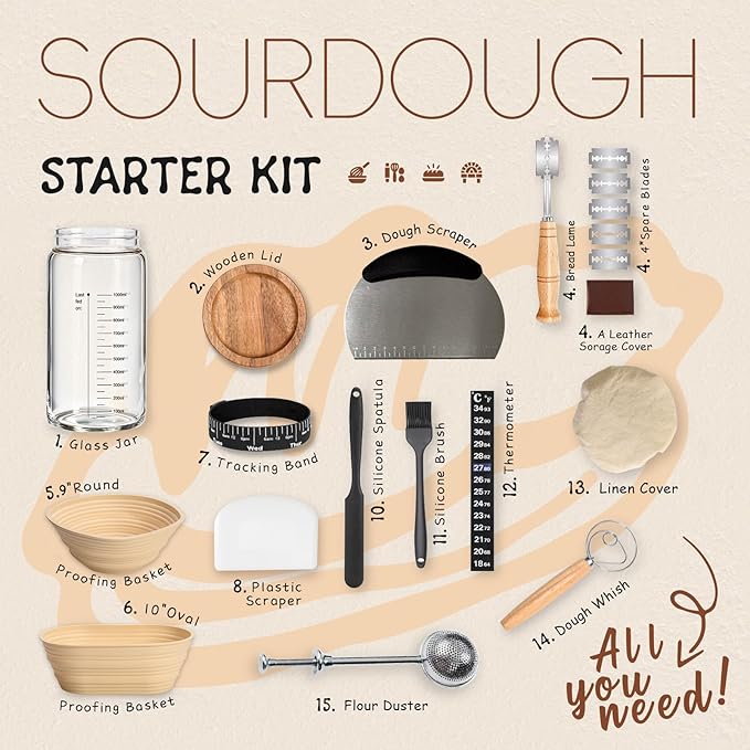 Sourdough Kit, 40oz Sourdough Starter Kit, 2 Silicone Banneton 9 Bread Proofing Baskets,Complete Sourdough Bread Baking Supplies for Beginners,sourdough bread baking supplies