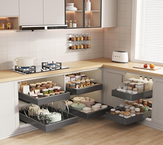 4 Pack Pull Out Cabinet Organizer 21" Deep with Raising Pad for Framed Cabinets, Expandable (9"-14" W) Slide Out Drawers for Kitchen Cabinets with 4pcs Divider Racks, Roll Out Shelves, Black