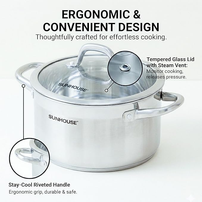 Sunhouse Professional 12-Quart Whole-Clad Multi-Ply Stainless Steel Stock Pot with Lid - Premium 18/10 Whole Body Clad Stock Pot - Induction Ready, Oven Safe Dishwasher Safe Cooking Pot