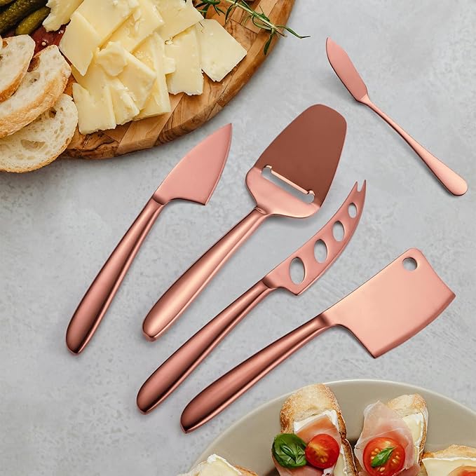 Rose Gold Cheese Knives Silverware 8 Pieces inlude dinning Knife Fork Spoon Stainless Steel Kitchen Gadget Baking Utensils Cooking Tool Multifunctional Durable