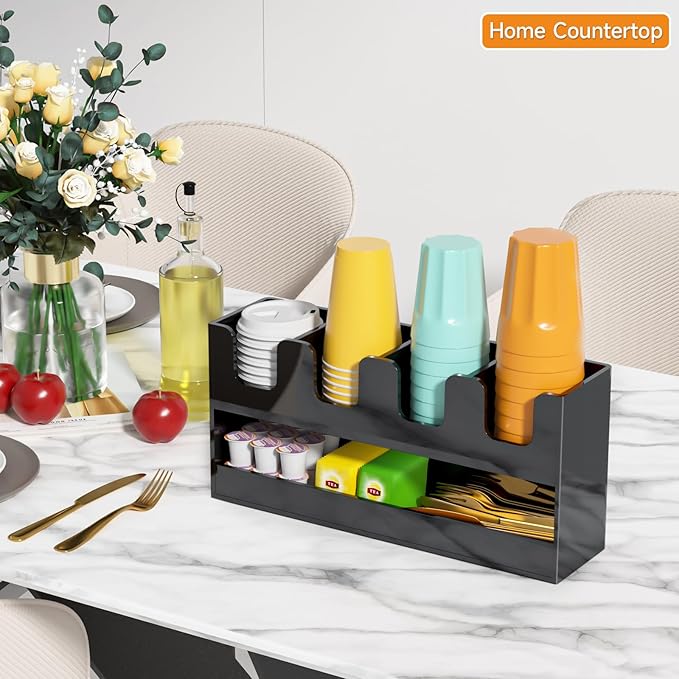 Beego 5-Compartment Cup Holder for Countertop - 2-Tier Black Acrylic Cup Dispenser Coffee Station Paper Cup and Lid Organizer Condiment Storage for Restaurant Breakroom Kitchen Bar Accessories