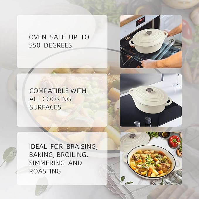 5.5 Quart Oval Enameled Cast Iron Dutch Oven Pot with Lid, Oven Safe up to 550° F & Dishwasher Safe, Sturdy Dutch Oven Cookware