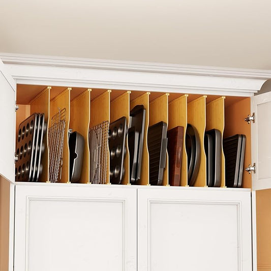 SpaceAid 10 Pack Tray Dividers for Cabinets, Bamboo Kitchen Cookie Baking Sheet Organizer for Cabinet, Vertical Pan and Trays Organizers for Pantry Storage