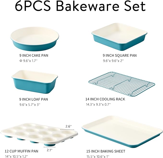 CAROTE 6-Piece Nonstick Ceramic Baking Pans Set - Bakeware Sets Including Cookie Sheets for Baking, Muffin Pan, Bread Pan, Cake pan, Loaf Pan, Cooling Rack, Light Blue & Cream White