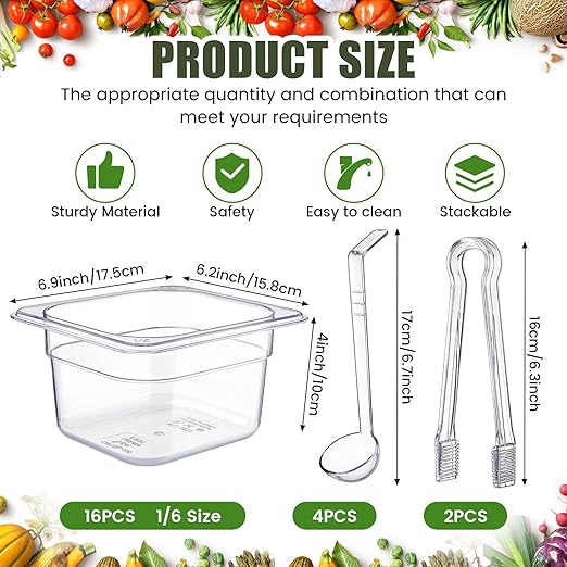 Rtteri 22 Pcs 1/6 Size Clear Plastic Pans Set: 16 Food Prep Containers & 2 Tongs & 4 Spoons for Salad Bar Buffet Restaurant Hotel Commercial Home for Fruit Vegetable Sauce Bean Corn Deli(4 Inch Deep)